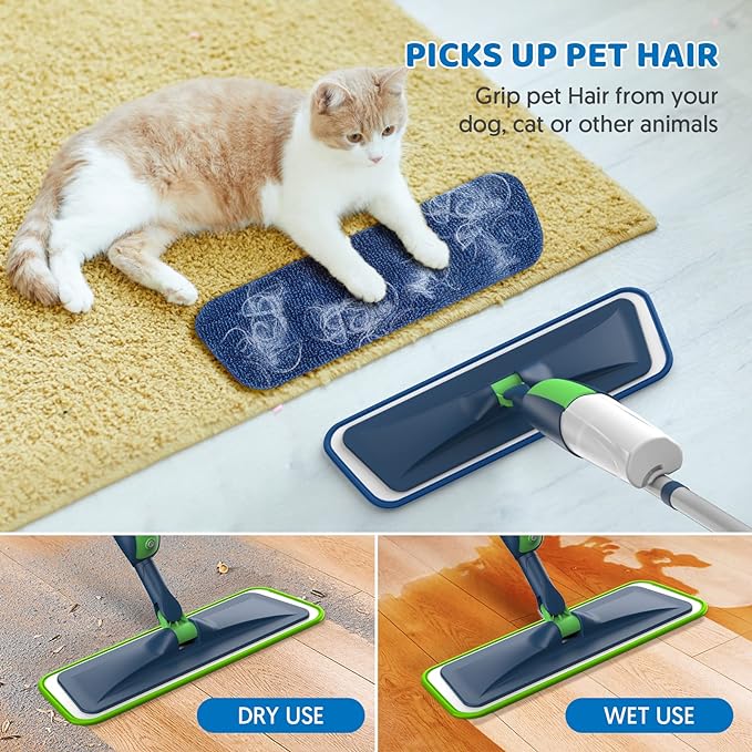MEXERRIS Spray Wet Mops with 5X Washable Pads for Floor Cleaning, Dust Mops with 2X Bottles Commercial Home Use for Hardwood Laminate Vinyl Tiles Wood Floor, Green