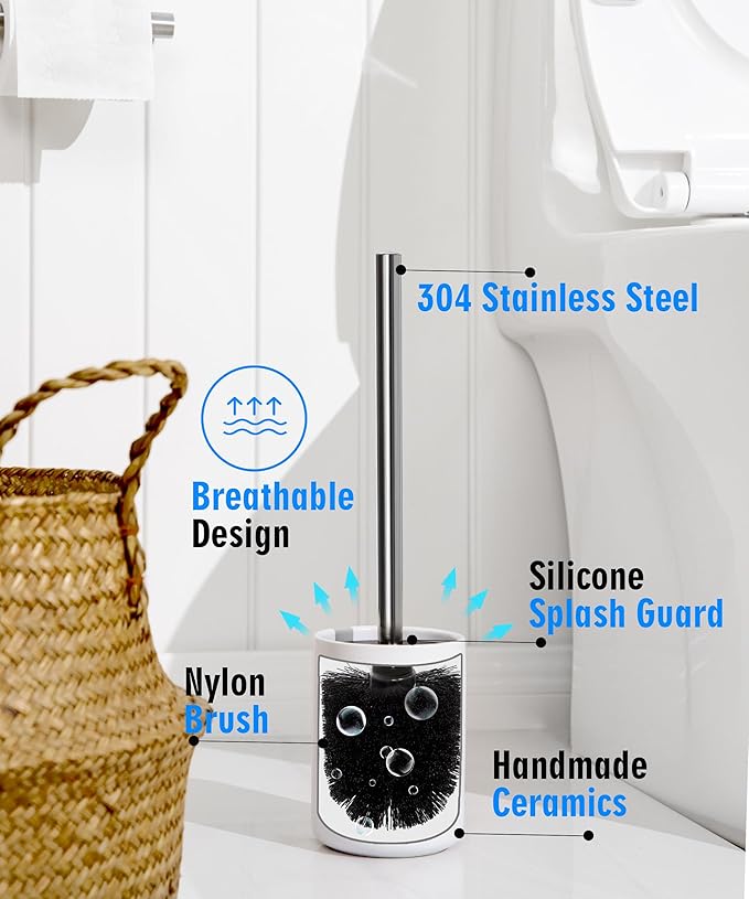 Ceramic Toilet Brush & Holder Set - Freestanding Deep-Cleaning Toilet Bowl Cleaner Brush, Stainless Steel Handle, Small & Sturdy for Storage, Easy to Clean, Non-Scratching