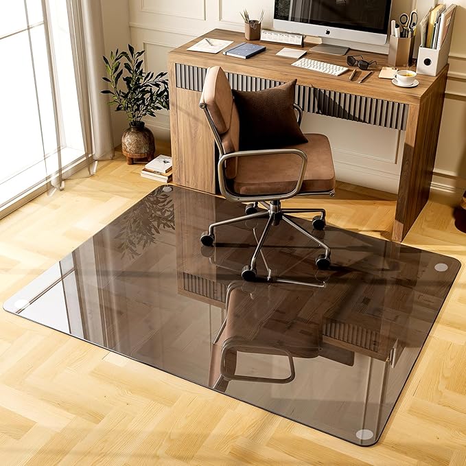 GLSLAND 46" × 55" [Tempered Glass] Chair Mat – Durable Office Chair Mat on Carpet with 0.2" Thickness, 4 Non‑Slip Pads, Sleek & Sturdy Matte Gray Finish, Smooth Glide & Easy Clean, Blue & Grey