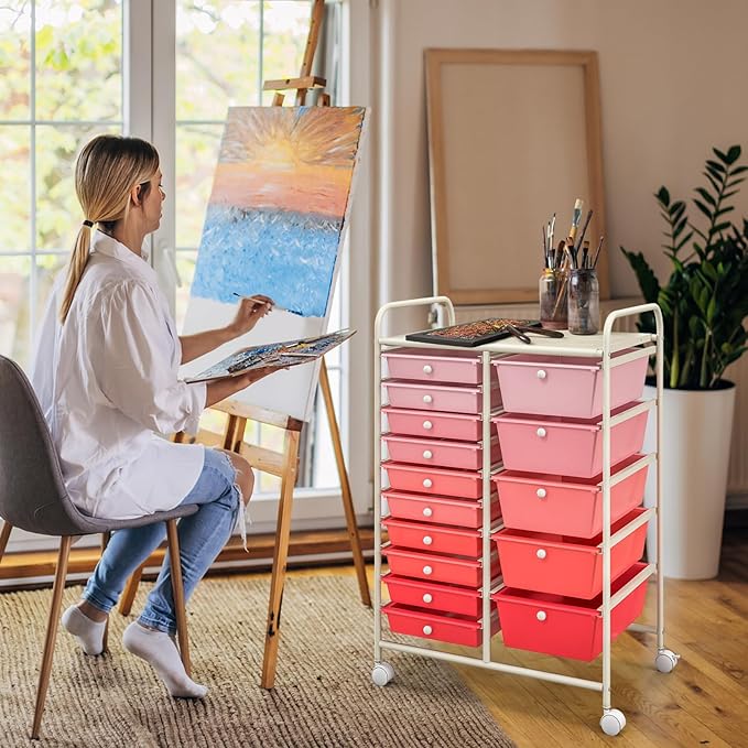 GOFLAME 15-Drawer Rolling Storage Cart, Multipurpose Movable Organizer Cart, Utility Cart for Home, Office, School, Pink