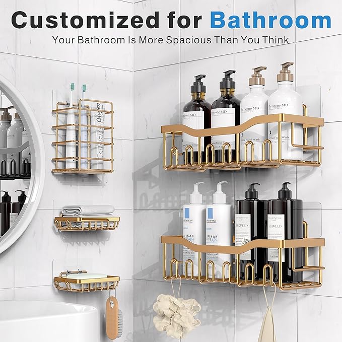 EUDELE 5-Pack Rustproof Stainless Steel Shower Caddy – No Drill Adhesive Bathroom Organizer with Large Capacity, Spacious Shower Shelves for Inside Shower, Kitchen & Home Decor Storage-XL Size
