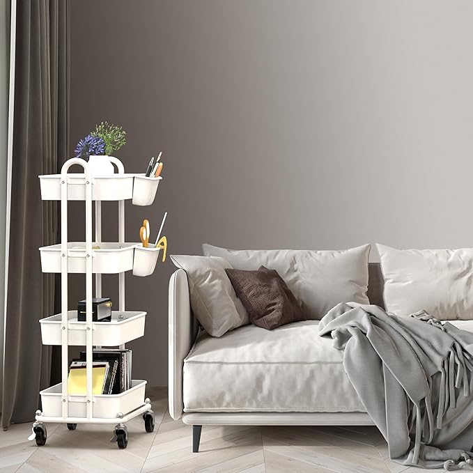 Simple Houseware 4-Tier Multifunctional Rolling Utility Cart with Hanging Buckets, White