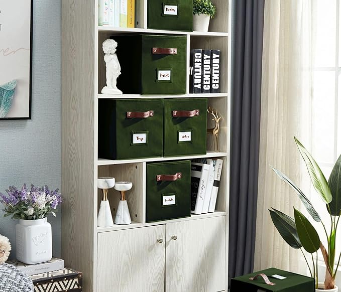 DECOMOMO Storage Cubes, 13x13x13 Storage Cube Bins with Labels, Fabric Organizer Bins (13" / 6pcs, Olive Green)