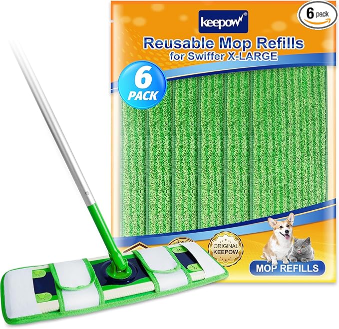 KEEPOW XL Mop Pads Compatible with Swiffer Sweeper XL, 6 Pack Wet Pads Refills Dry Sweeping Cloths, Reusable Pads for X-Large