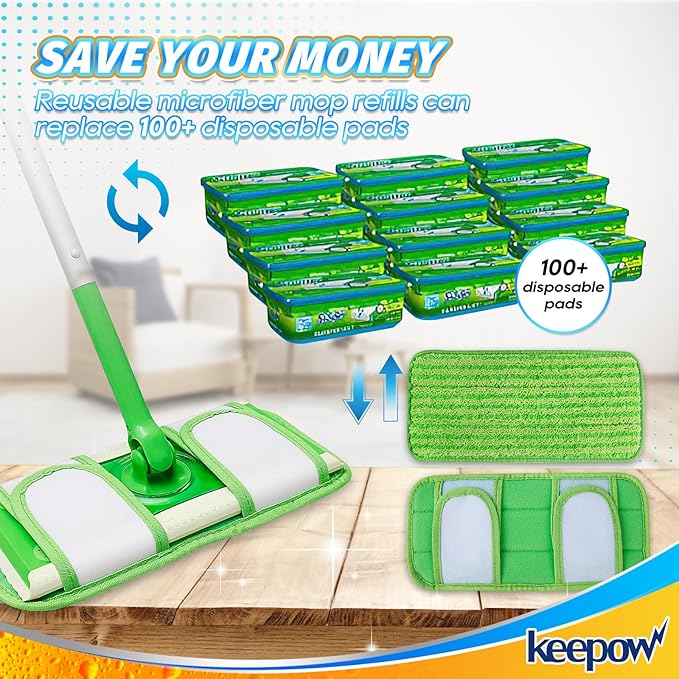 KEEPOW Reusable Mop Pads Compatible with Swiffer Sweeper Mop, Microfiber Dry Sweeping Cloths Washable Wet Mopping Cloth Refills for Hardwood Floor Cleaning, 3 Pack (Mop is Not Included)