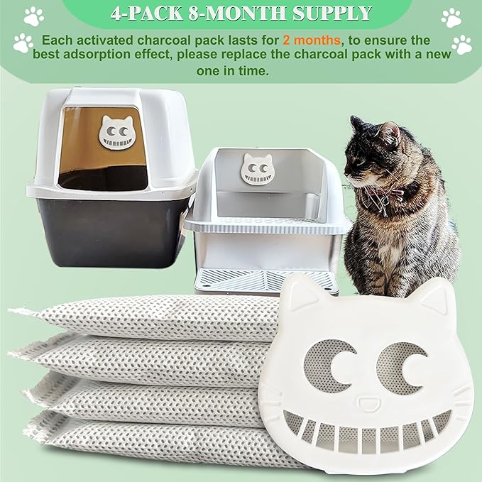Unscented Cat Litter Box Deodorizer Kit Stick-On Activated Carbon Odor Eliminators Compatible with most manual and automatic litter boxes (4 Refills+ 1 Box) (White, Unscented)