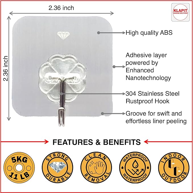 KLAPiT Super Hook - Heavy-Duty Adhesive Clear Wall Hooks, Holds Up to 11 lbs, Waterproof, No Damage, Easy Install on Tile, Wood, Stone, Glass & Metal - Made of Steel (Clear, 8pc)
