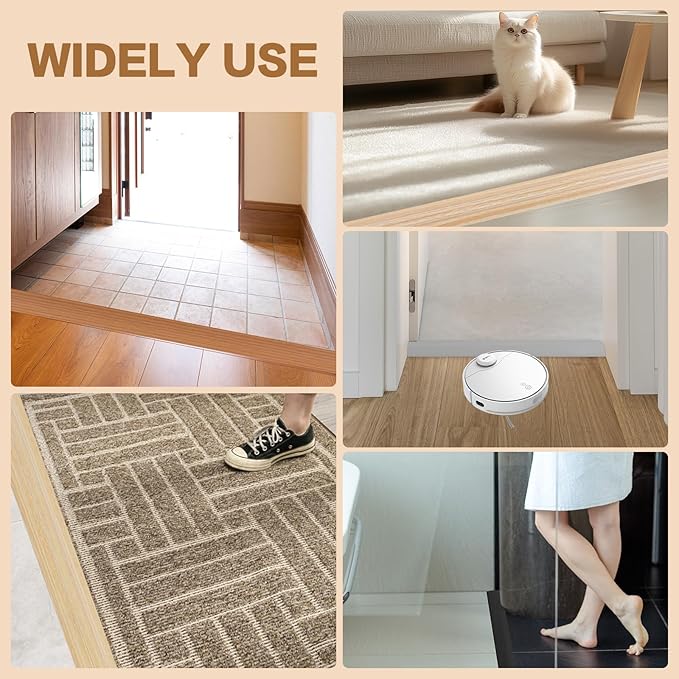 Floor Transition Strip Vinyl Door Threshold Ramp Self Adhesive Carpet Edging Strip Doorway Edge Trim, Overlap Edge Reducer for Laminate Carpet, Floor, Tile (Light Yellow Grain, 1/5" to 2/5", 6.6Ft)