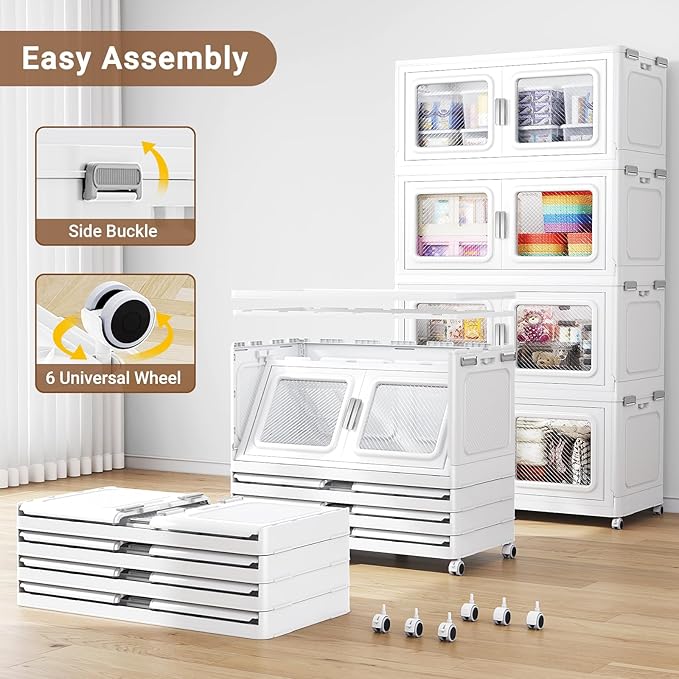 BROVIEW 900 Qt Stackable Storage Bin with Lid, 225Gal Extra Large Collapsible Storage Boxes, Folding Plastic Drawer, Heavy-Duty Store Cabinet, Closet Organizer for Home Kitchen, 3 Pack White