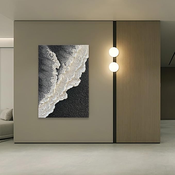 NANKAI Handcrafted Thick Texture Black and White Abstract Canvas Art Ocean Wave Beach Landscape Oil Painting Home Wall Art Deco Oil Painting 24X36 Inches