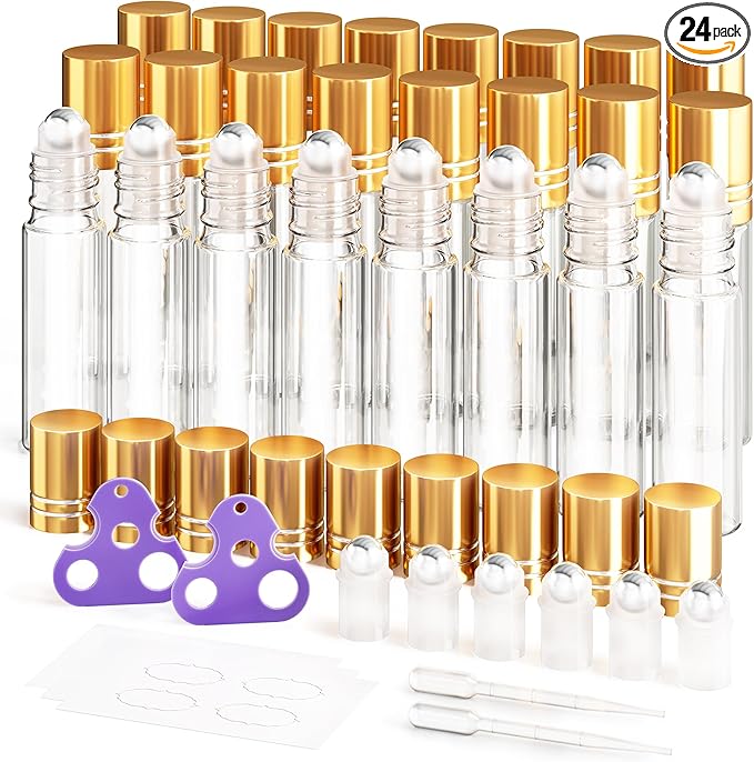 ULG 24-Pack Essential Oil Roller Bottles 10ml, Empty Bottles with Stainless Steel Roller Balls and Waterproof Labels, Clear Roller Balls For Essential Oils