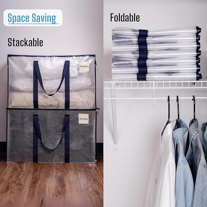 VENO 6 Pack Moving and Storage Bags, Heavy Duty, Alternative to Moving Boxes, Large Packing Totes Supplies for College Dorm Room with Zipper for Clothes, Wide Open Design (Clear, 6 Pack)