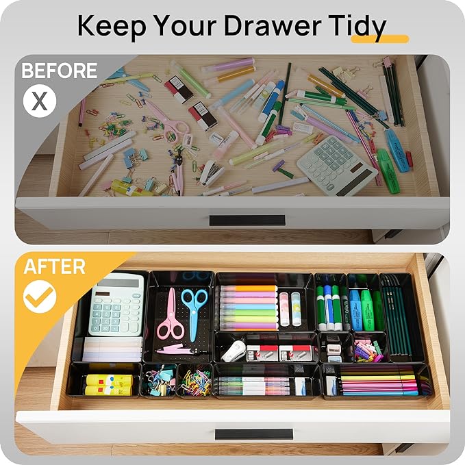 Vtopmart 44 PCS Plastic Drawer Organizers Set, 4-Size Versatile Bathroom and Vanity Organizer Trays, Non-Slip Storage Containers for Makeup, Jewelries, Bedroom，Kitchen Utensils and Office, Black