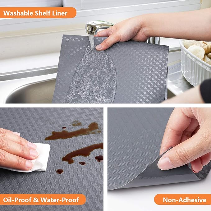 Shelf Liners for Kitchen Cabinets Refrigerator Liners Waterproof Kitchen Cupboard Liner Non-Slip Drawer Mats EVA Material Non Adhesive Fridge Liner for Shelves - Gray 17.5 x 236.2 Inches x 2 Rolls