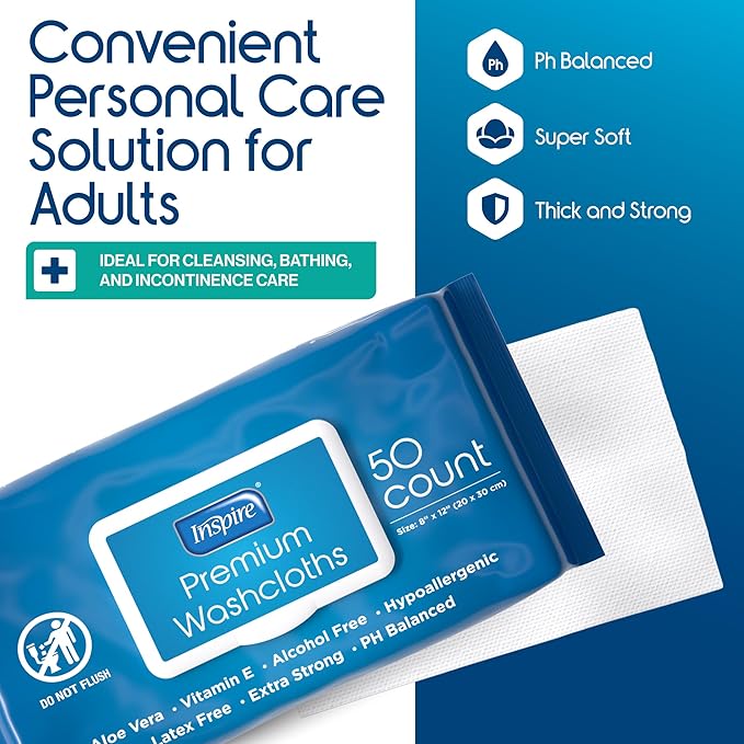 Inspire Adult Wet Wipes, Wash Cloths, Incontinence & Cleansing for Elderly Extra Large, 8"x12" (Pack of 8)