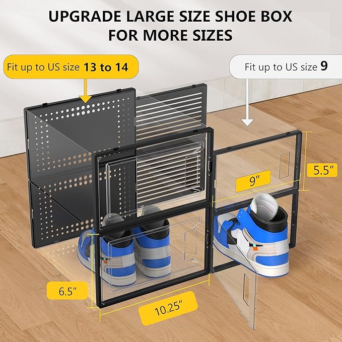 Secret Space 12 Pack XXX Large Shoe Organizer Storage Boxes for Closet, Modular Space Saving Shoe Boxes Clear Plastic Stackable Sneaker Containers Display Case with Lids, Black05