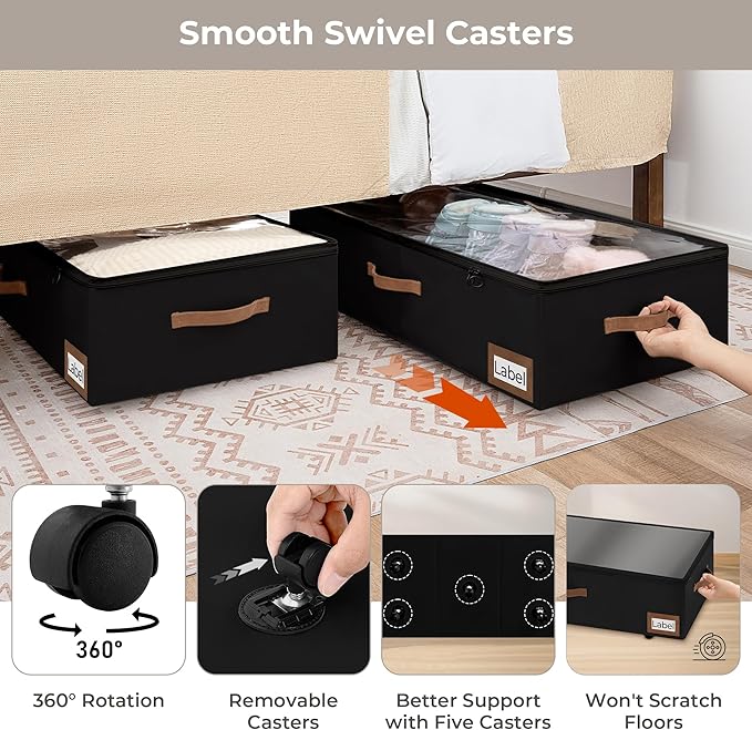 StorageWorks Under Bed Storage with Wheels, 10'' Underbed Storage Containers with Lid, 90L Clothes Organizer for Blankets, Sweaters, Bedding, 2-Pack, Black