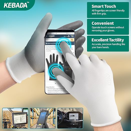 Kebada W1 Work Gloves for Men and Women, 12 Pairs Touchscreen Safety Gloves with Grip, PU-Coated, Ideal for Light & Medium Duty Tasks, White, XX-Large