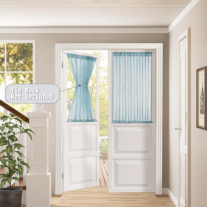 Tollpiz Sheer Door Curtains Closet Linen Textured Curtain Sheers Doorway Light Filtering Voile French Door Rod Pocket Curtains Patio Door, 54 x 63 inches Long, Dusty Blue, Set of 1 Panel