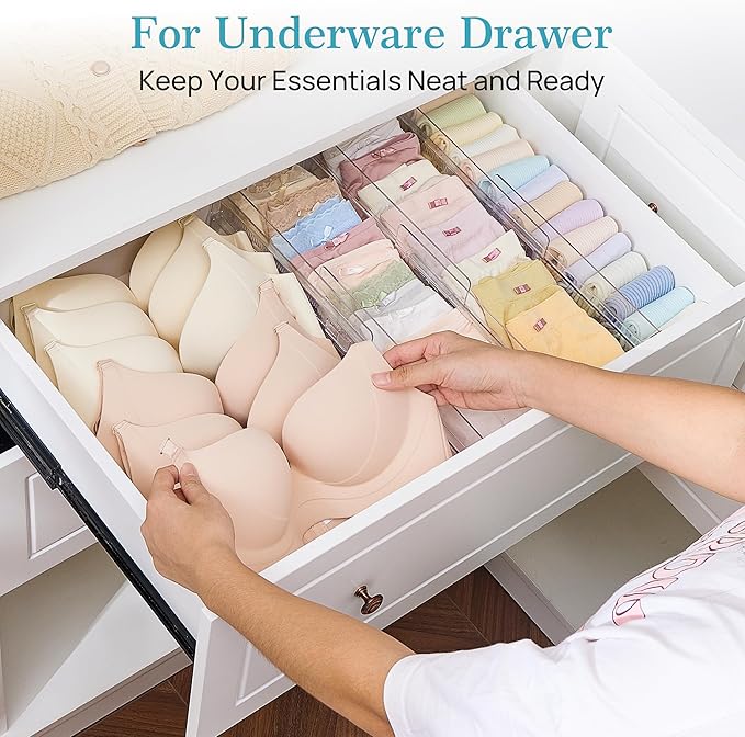 Vtopmart 14 Pack Drawer Dividers for Clothes, 4" High 10.2"-16.6" Adjustable Expandable Dresser Drawer Organizer, Clear Plastic Separators for Dresser, Baby Clothing, Underwear, Cosmetic, Toiletries