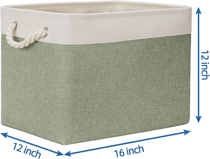 Temary Storage Baskets Fabric Storage Bins for Shelves, 2 Pack Decorative Storage Boxes Canvas Storage Basket with Handles for Organizing Clothes, Books(White&Green,16Lx12Wx12H Inches)