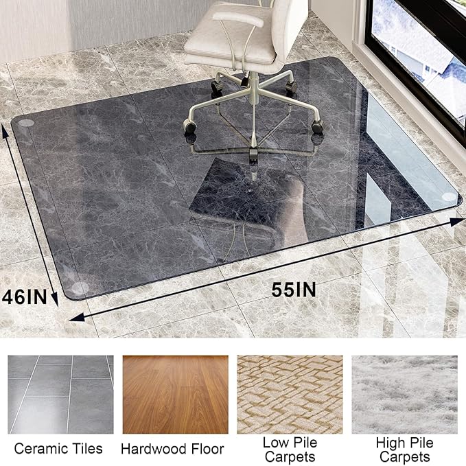 GLSLAND 46" × 55" [Tempered Glass] Chair Mat – Durable Office Chair Mat on Carpet with 0.2" Thickness, 4 Non‑Slip Pads, Sleek & Sturdy Matte Gray Finish, Smooth Glide & Easy Clean, Blue & Grey