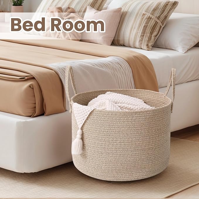 Woven Blanket Basket,115L Large Rope Storage Bin with Handles, Organizer for Blankets Toys Book and Clothes, Laundry Basket for Living Room Bedroom Nursery,Oatmeal