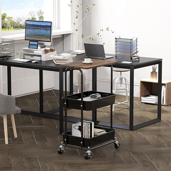 Simple Houseware 2-Tier Rolling Utility Cart with Lockable Wheels and Wood Top, Metal Storage Organizer Trolley for Kitchen, Bathroom, Office, Craft Room, Rustic Brown