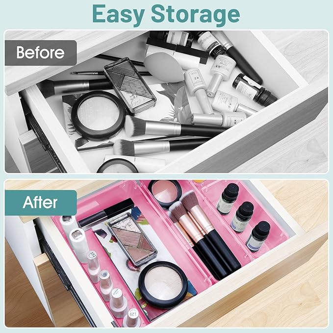 WOWBOX 25 PCS Plastic Drawer Organizer Set, 4 Sizes Desk Drawer Divider Organizers and Storage Bins for Makeup, Jewelry, Gadgets for Kitchen, Bedroom, Bathroom, Office, Clear Pink
