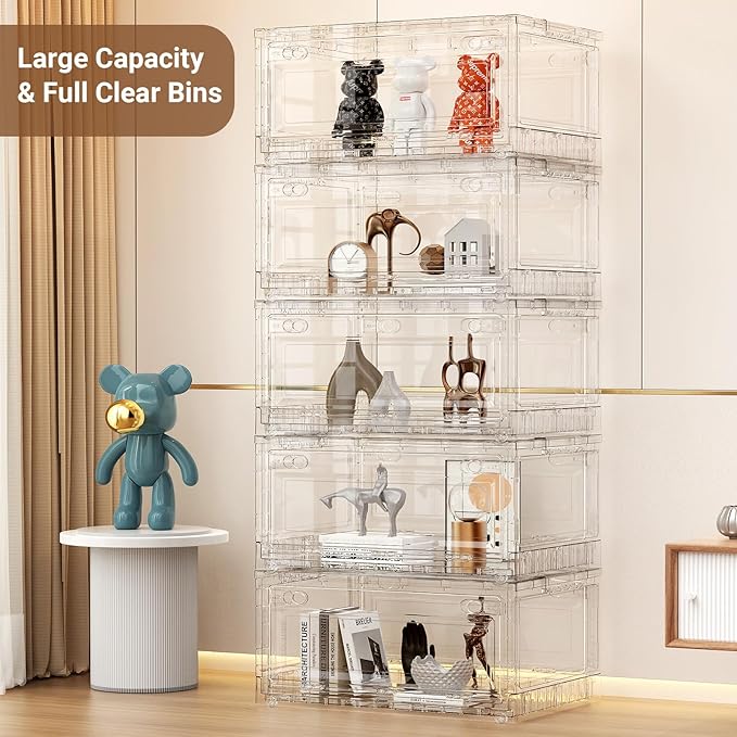 BROVIEW Clear Stackable Storage Bins Drawers, Open Front Large Plastic Storage Bins with Lids, Foldable Closet Organizers and Storage for Wardrobe Cabinets, Pantry, Makeup,4 Pack