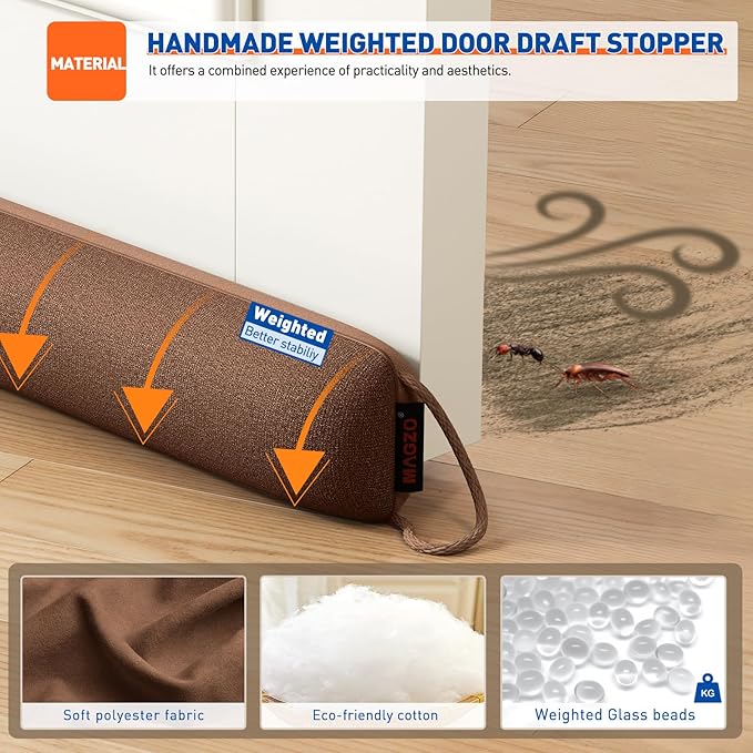 MAGZO Door Draft Stopper, 34 Inch Under Door Draft Blocker Noise Stopper, Weighted Wind Blocker Draft Guard for Bottom of Door, Brown