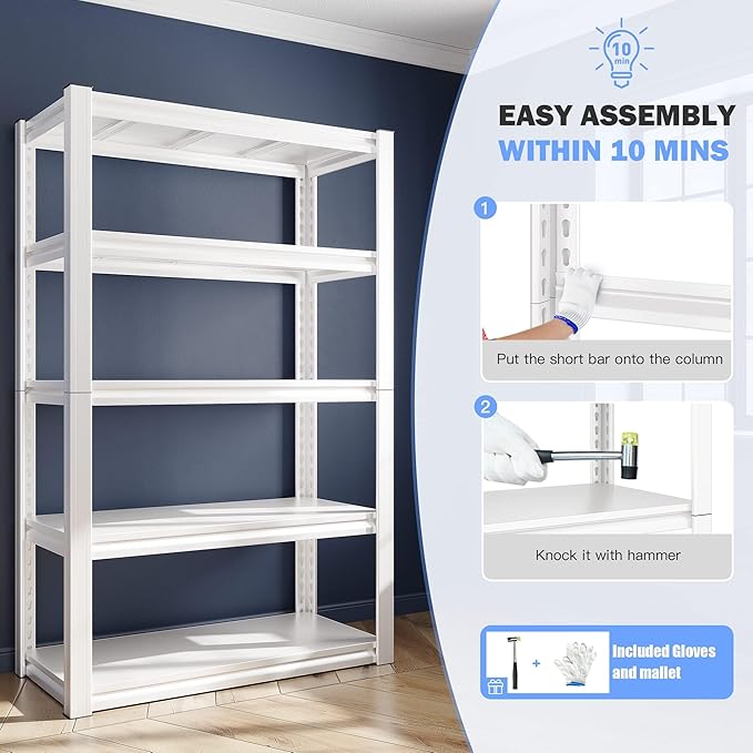 Raybee 5 Tier White Metal Heavy Duty Garage Shelving Unit 2000LBS Storage Shelves