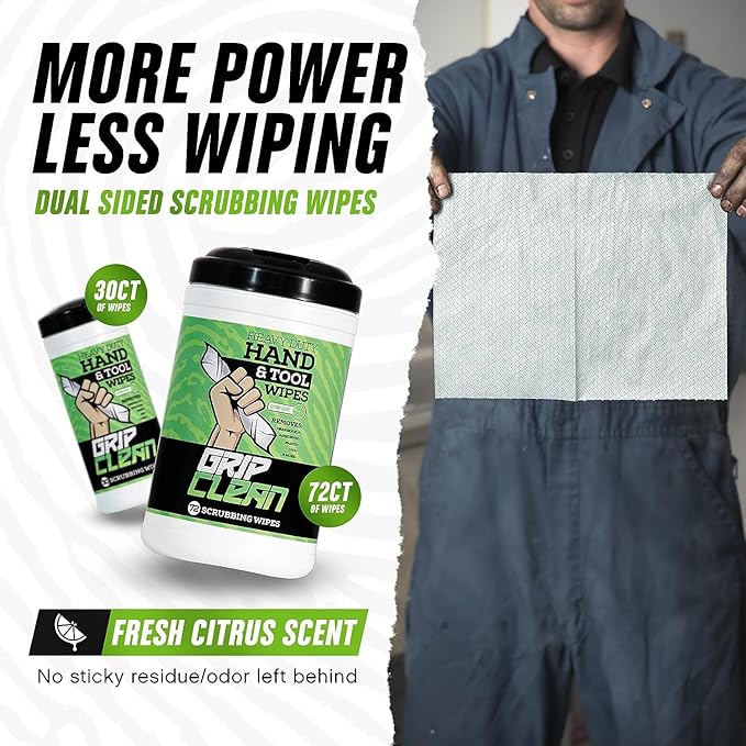 Grip Clean Heavy Duty Hand & Tool Cleaning Wipes – Waterless Hand Cleaner for Mechanics, Garage & Shop Use – Dual-Sided Grease, Oil & Paint Remover Wipes with Citrus Scent - 72ct