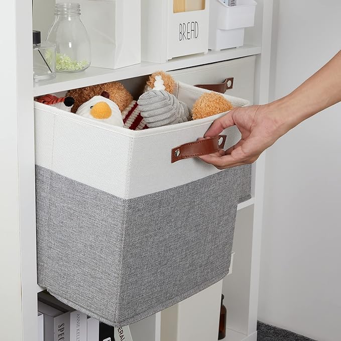 DULLEMELO Storage Cubes 13 inch, Collapsible Sturdy Cube Storage Bins With Handles for Organizing,Fabric Storage Baskets for Shelves Nursery Closet Home Organization (White&Grey-4 Pack)