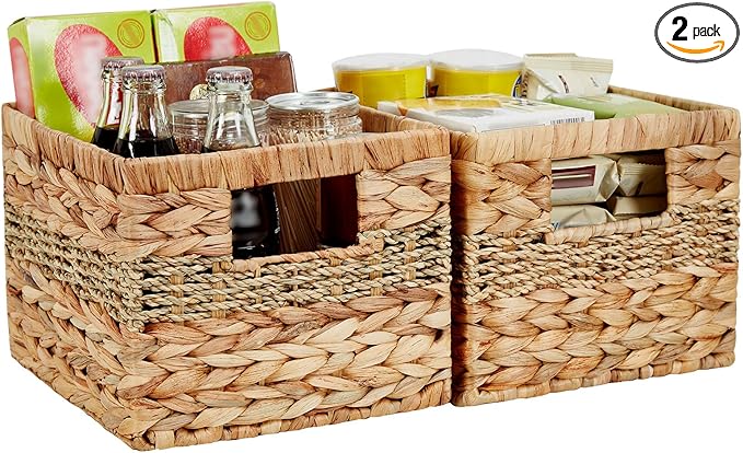 Water Hyacinth Wicker Basket, Decorative Woven Baskets with Built-in Handles, Hand-woven Storage Organizer for Organizing Pantry, Livingroom, Bedroom, Shelves, Toilet(2-PACK, Blended)