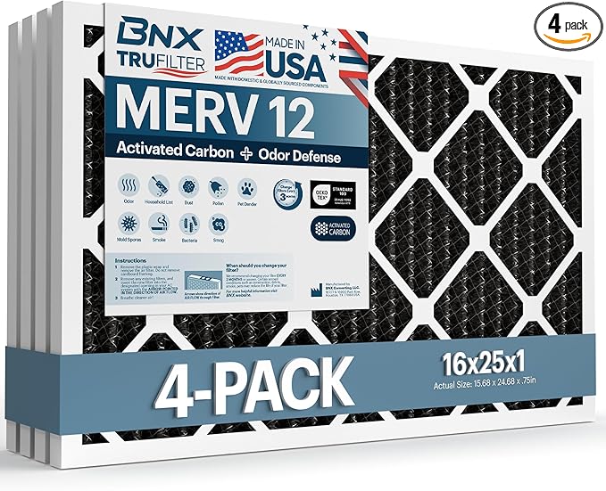 BNX TruFilter 16x25x1 MERV 12 Odor Defense (4-Pack) AC Furnace Air Filter with Activated Carbon - MADE IN USA - Pleated Air Conditioner HVAC AC Furnace Filters - Removes Odor, Mold, Bacteria, Smoke