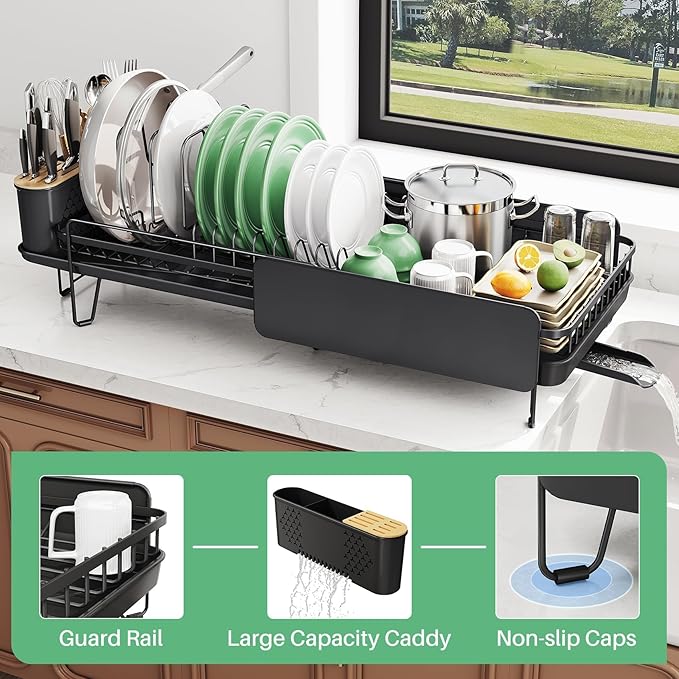 Large Dish Drying Rack - Expandable (19.3" to 29.4") Dish Rack for Kitchen Counter, Stainless Steel Dish Drainer with Utensil Holder, Pan Holder & Pot Lid Holder, Black