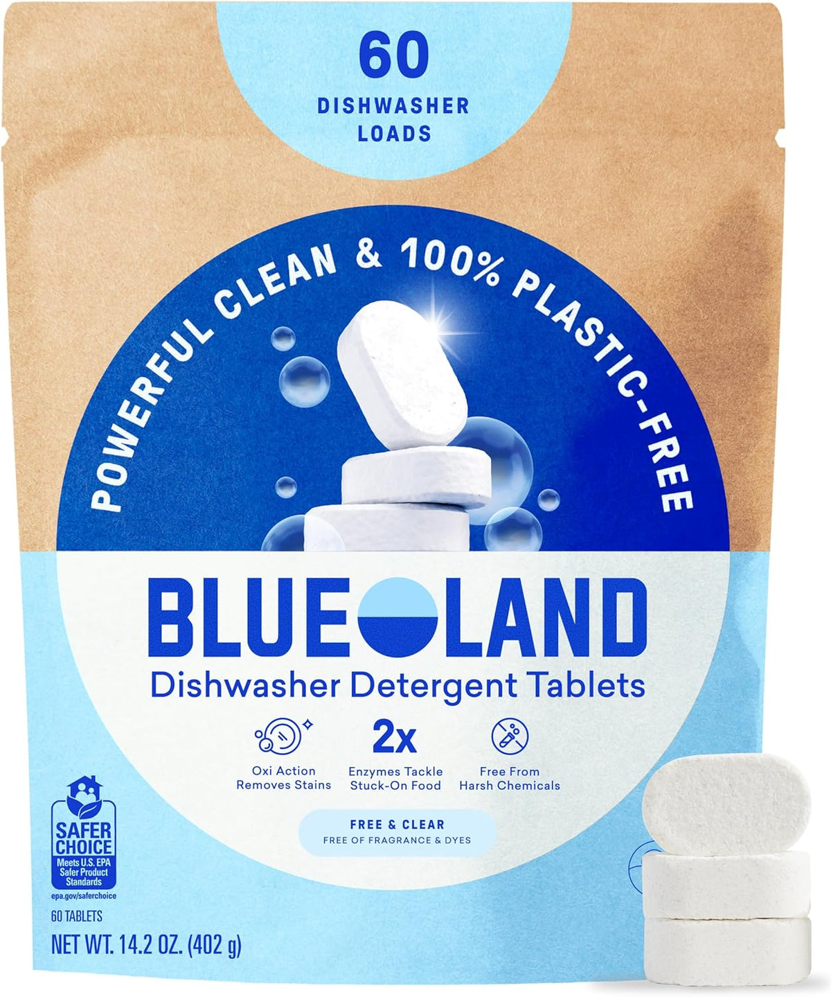 BLUELAND 100% Plastic-Free Dishwasher Detergent Tablets, 60 Count, Free & Clear, Eco-Friendly Dishwashing Pods, Natural, USDA Certified biobased