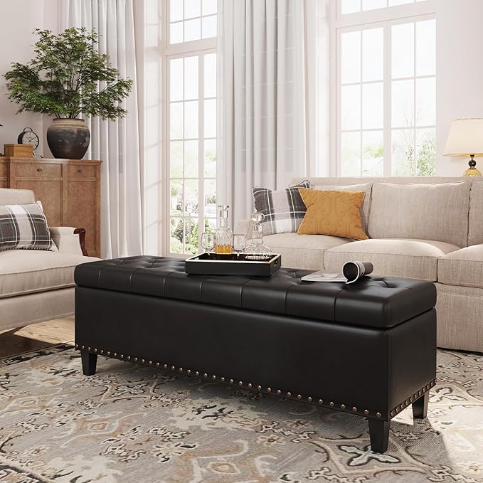 Storage Ottoman Bench, 51-Inch Large Storage Bench for Bedroom End of Bed, 30 Gallons Faux Leather Bench with Storage for Bedroom, Living Room, Entryway, Hallway, Black