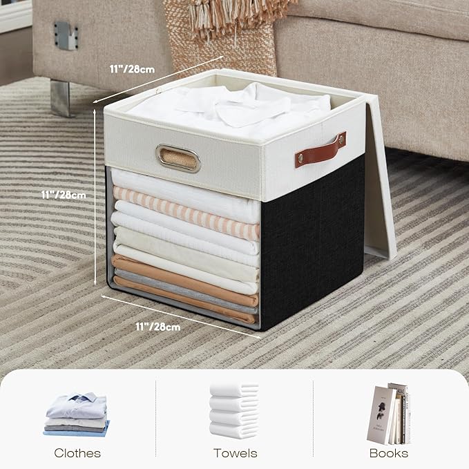 Fabric Storage Cubes with Clear Windows and Lids 11'' Foldable Storage Bins with 3 Handles, Decorative Storage Boxes for Home, Bedroom, Closet, Office (Balck & White)