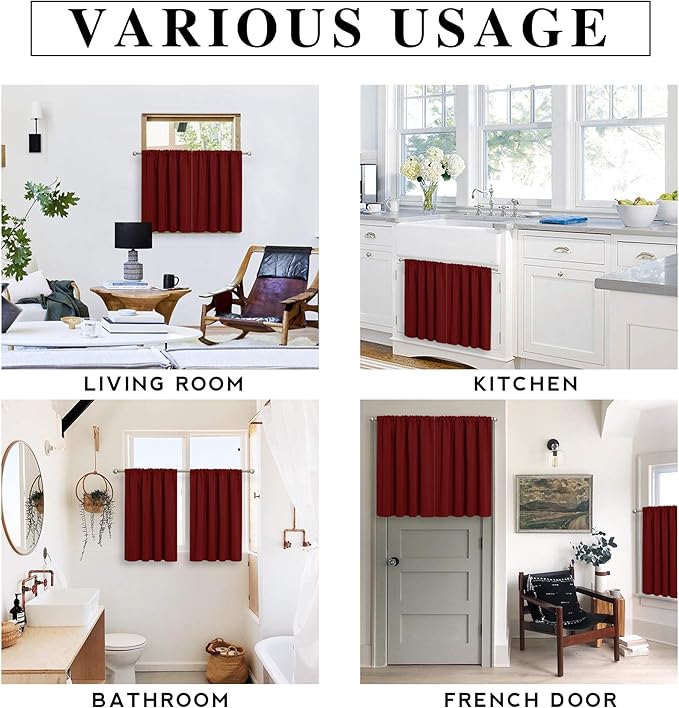 RYB HOME Short Curtains for Bathroom - Half Window Kitchen Curtains, Insulated Drapes Blackout Panels for Bedroom/Living Room, W 29 x L 24 inches Each Panel, Burgundy Red, 2 Panels