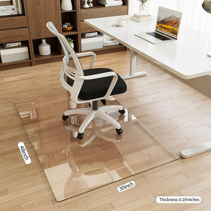 [Tempered Glass] 30" x 48" Glass Chair Mat, 1/5" Thick Office Chair Mat for Carpet or Hardwood Floor, Heavy Duty Hard Chair Mats with Round Corner and Polished Edge, Carpeted Floor Protector