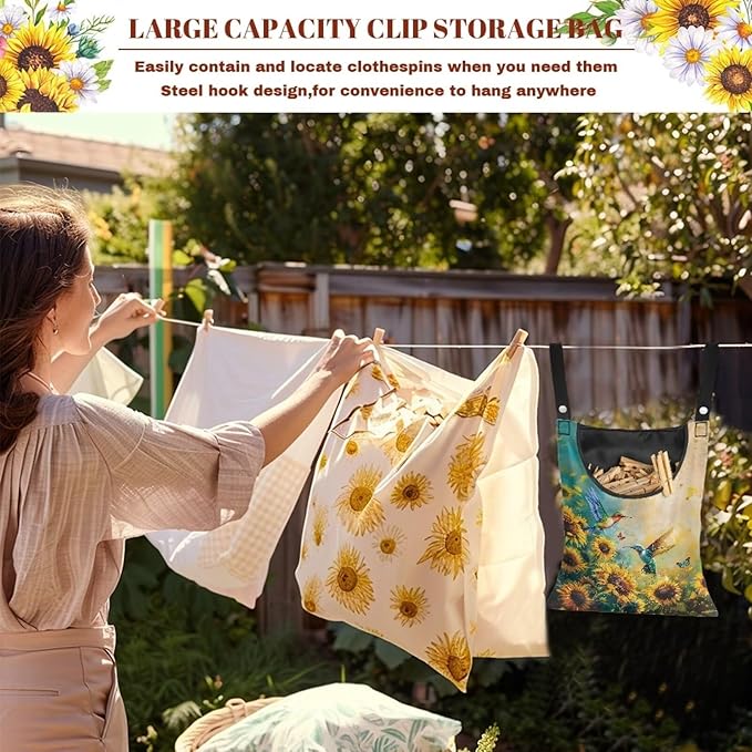 2 Pcs Clothes Pin Hanging Bag with Big Opening Storage Clothes Pins & Mini Clothespins，Hanging Laundry Bag Fits Retractable Clothes Line Outdoors（Hummingbird Sunflower）