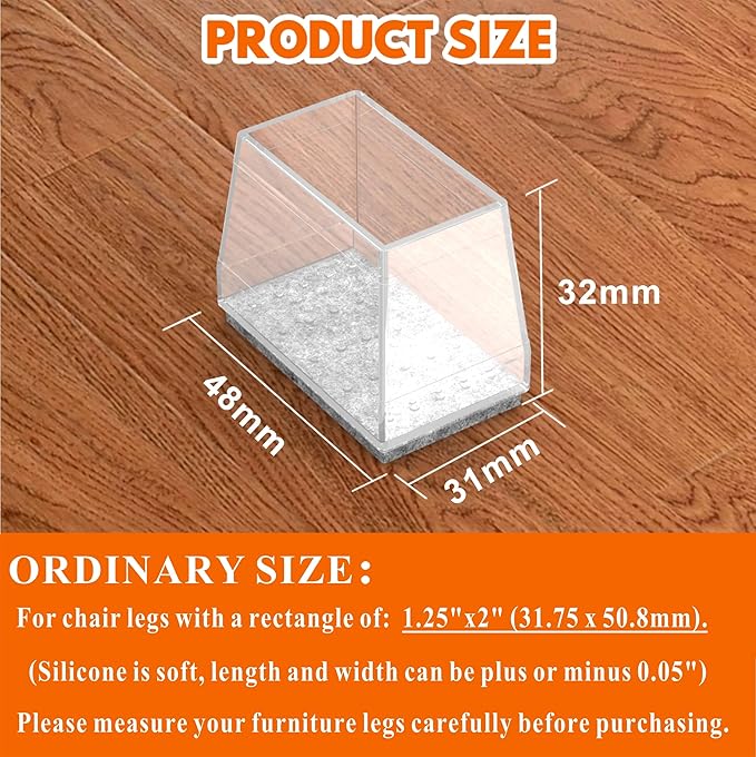 Rectangle Chair Leg Protectors for Hardwood Floors,16 PCS Silicone Covers to Protect Wood Tile Floors Felt Pads Furniture Leg Caps Reduce Noise. Easy to Move. (Clear,1.25 x 2 Inch, Rectangular)