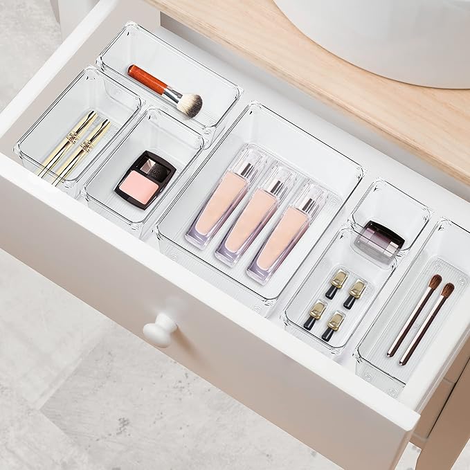 Ravinte 6 Pack Drawer Organizer - 3" X 9" Plastic Storage Bins, Acrylic Organizers with Non-Slip Pads Clear Desk Storage Tray for Makeup, Jewelries, Kitchen Utensils, Bathroom and Office