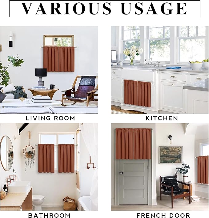 RYB HOME Bedroom Curtains Short - Blackout Privacy Energy Saving Curtains for RV Bunk Camper Bedroom Basement Kitchen Door Window Decor, 52" Width x 36" Length, Burnt Orange, 2 Pcs