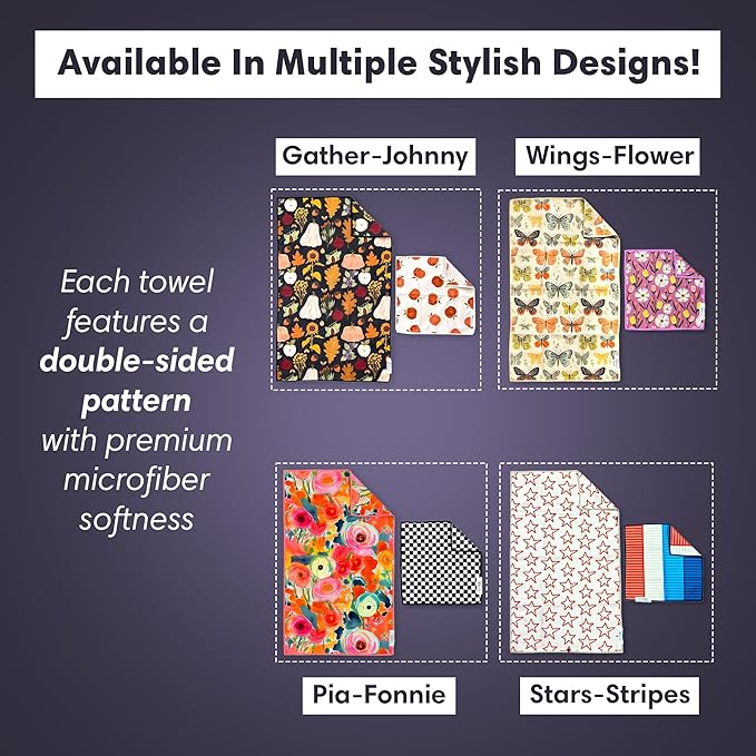 Microfiber Hand Towel & Washcloth Set of 2 - Double-Sided, Waffle Weave, Super Absorbent, Lint-Free, Fast Drying - Pia & Fonnie Pattern for Bathroom, Kitchen, Car, and Window Cleaning