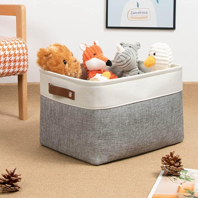 DULLEMELO Collapsible Rectangle Storage Basket for Shelves/Closets - Organize Clothes, Toys, Towels, Books, Laundry, Nursery, Dog Toys - Empty (White & Gray)