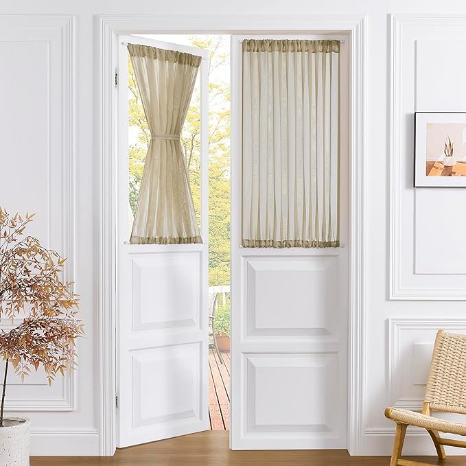 Tollpiz Short Sheer Door Curtain Closet Linen Textured Curtain Sheers Doorway Light Filtering Voile Patio Glass Door Rod Pocket Curtains French Door, 54 x 54 inches Long, Taos Taupe, Set of 1 Panel