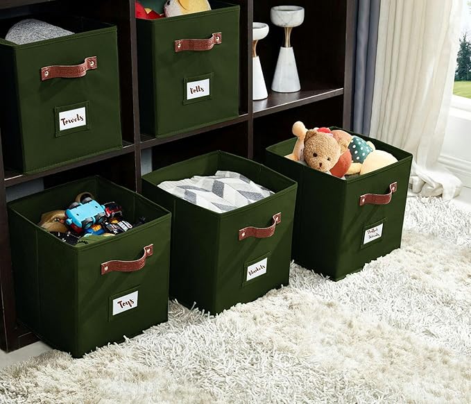 DECOMOMO Storage Cubes, 13x13x13 Storage Cube Bins with Labels, Fabric Organizer Bins (13" / 6pcs, Olive Green)